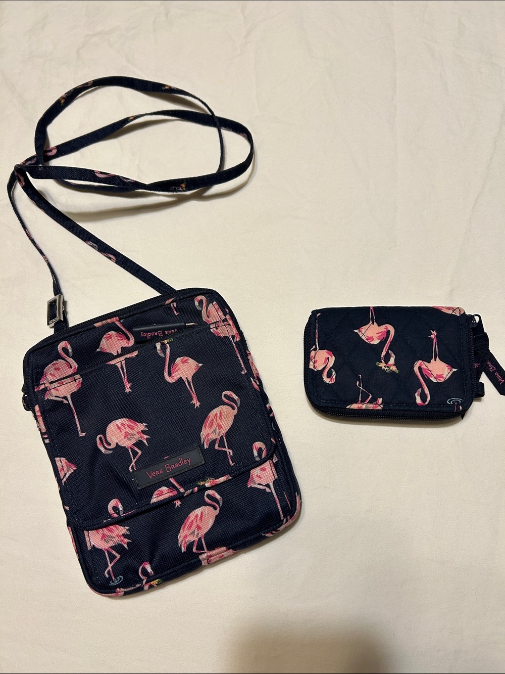 Vera Bradley Black Crossbody Bag with Pink Flamingo Print and Matching Wallet